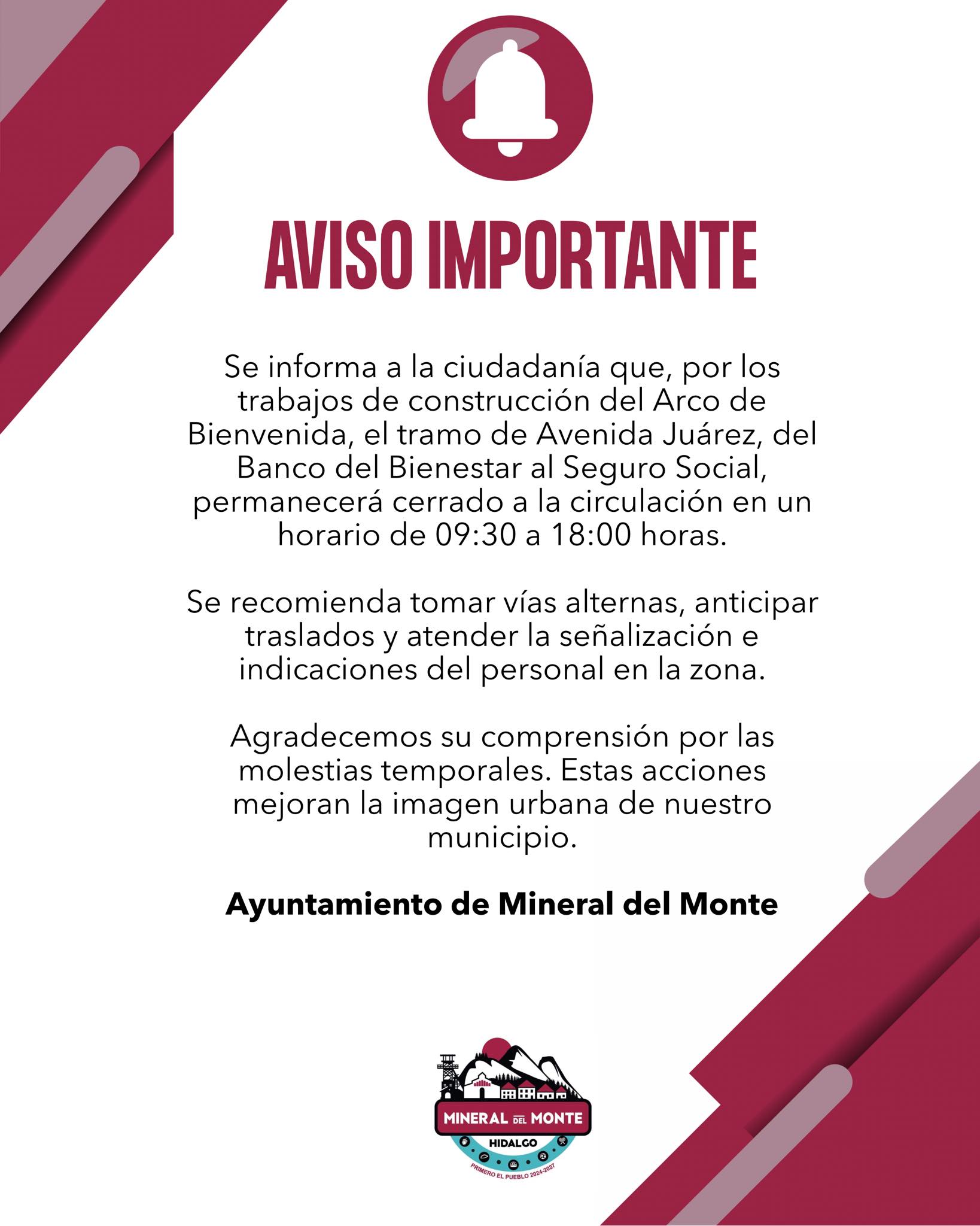 Anunciaron cierre temporal en Avenida Juárez por trabajos de mejora en Mineral del Monte