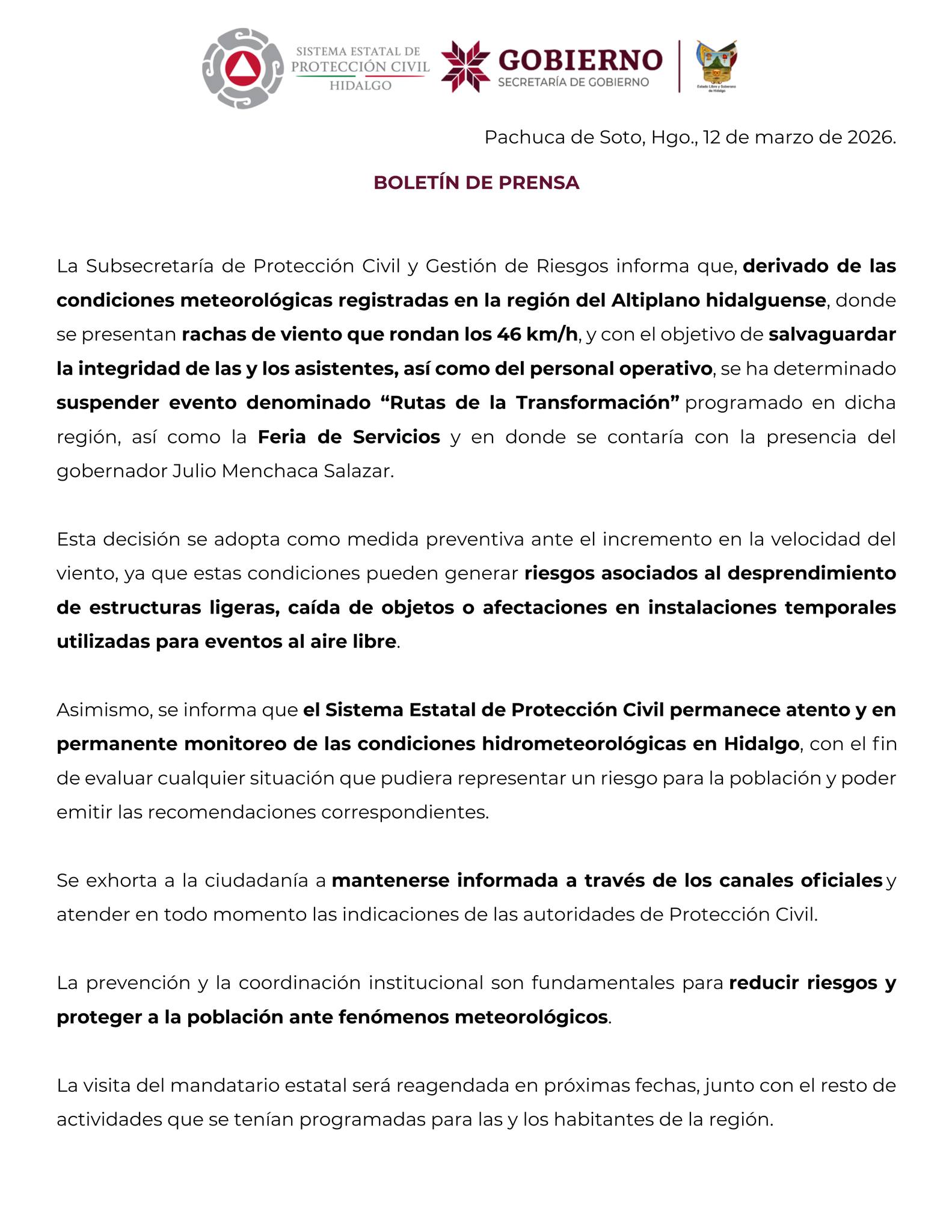 SUSPENDEN EVENTO “RUTAS DE LA TRANSFORMACIÓN” EN EL ALTIPLANO HIDALGUENSE POR FUERTES RACHAS DE VIENTO