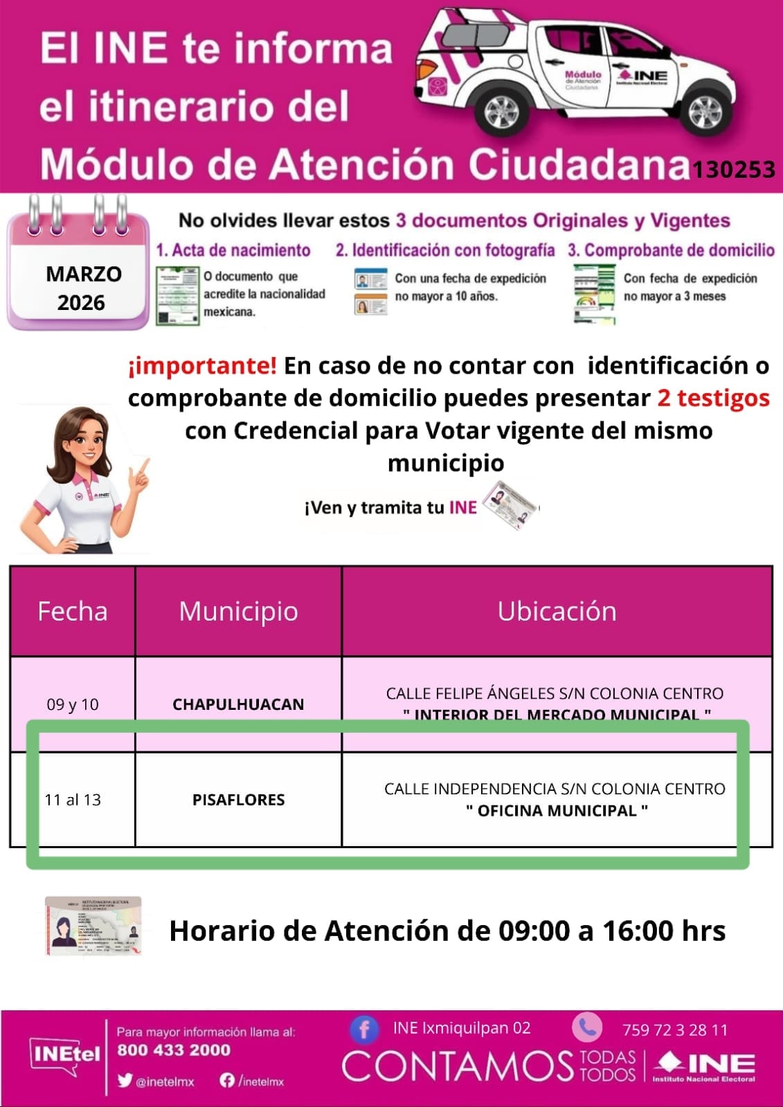 INSTALARÁN MÓDULO DE ATENCIÓN DEL INE EN PISAFLORES