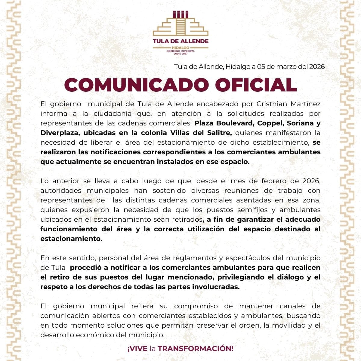 NOTIFICAN A COMERCIANTES AMBULANTES PARA LIBERAR ESTACIONAMIENTO EN TULA