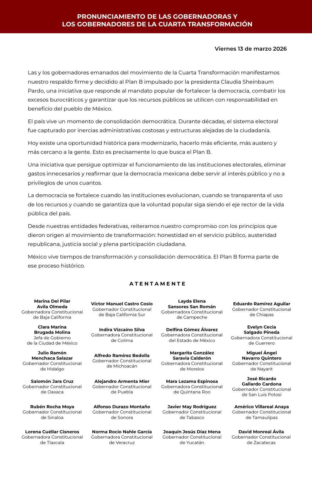 JULIO MENCHACA RESPALDA EL “PLAN B” IMPULSADO POR CLAUDIA SHEINBAUM